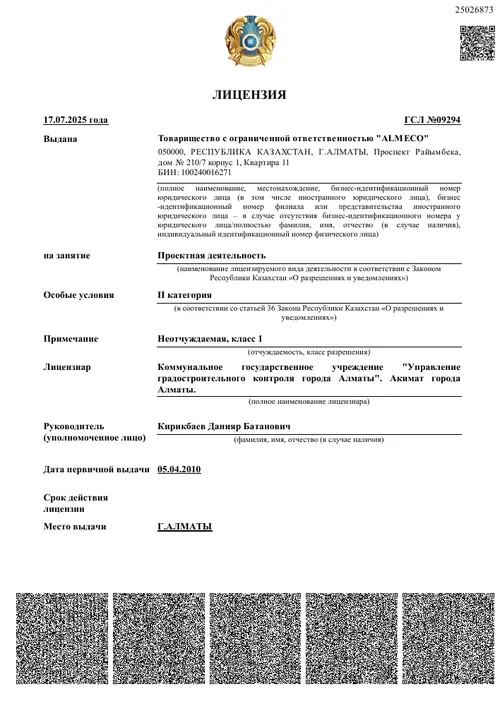 Первая страница лицензии ALMECO на проектную деятельность II категории